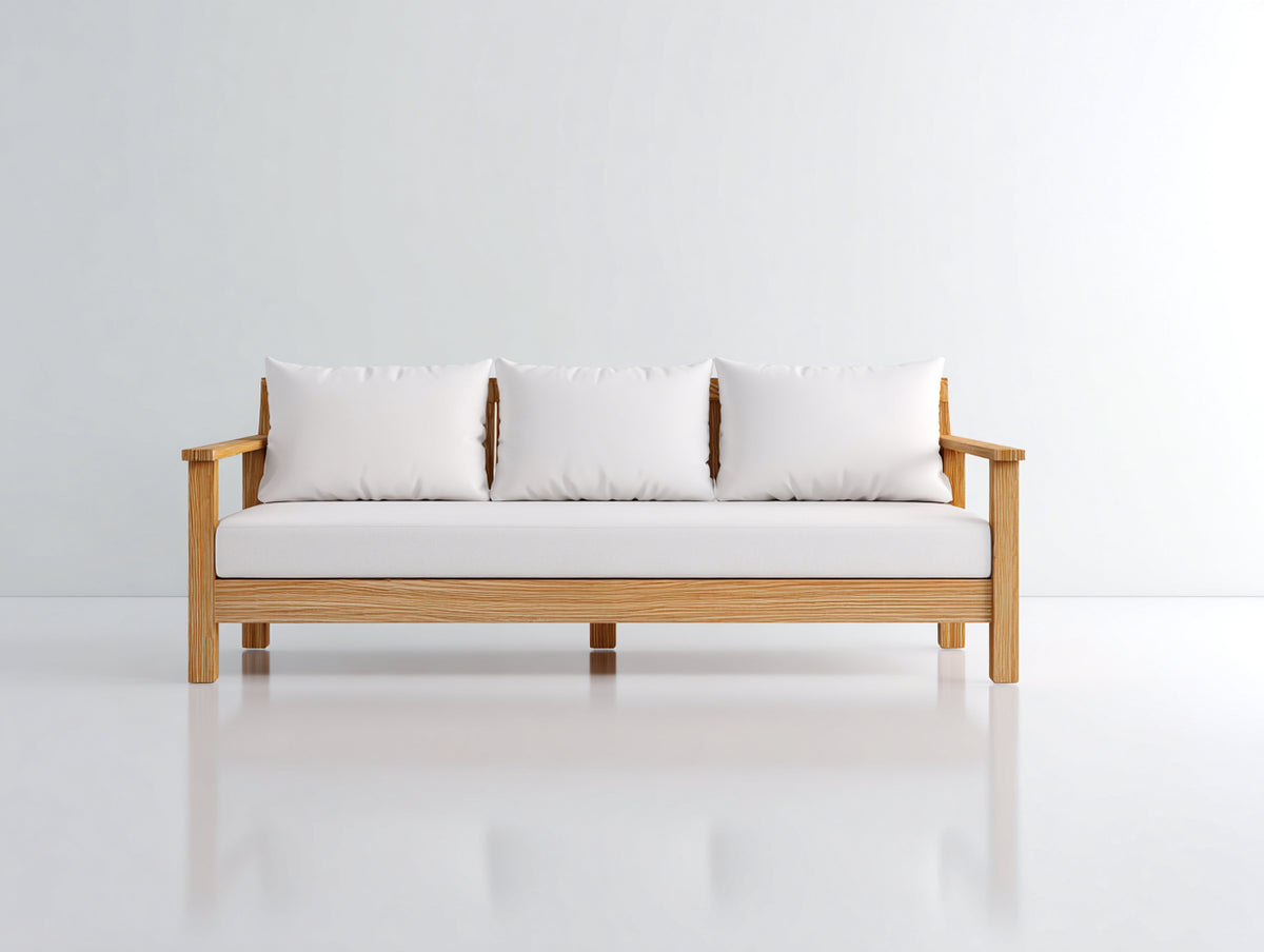 Gartensofa 220x85x75 cm Massivholz Naturfarben Stoffbezug Weiß 3-Sitzer Modernes Design